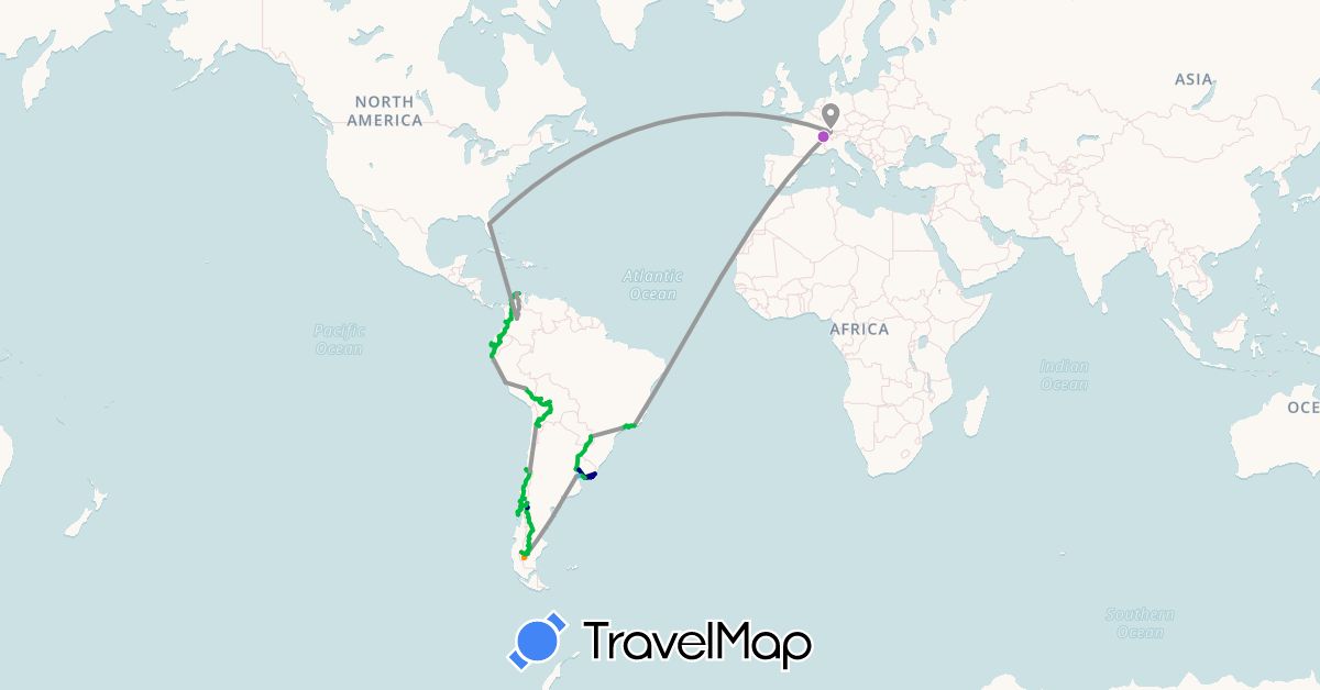 TravelMap itinerary: driving, bus, plane, train, boat, hitchhiking in Argentina, Bolivia, Brazil, Switzerland, Chile, Colombia, Ecuador, Peru, United States, Uruguay (Europe, North America, South America)